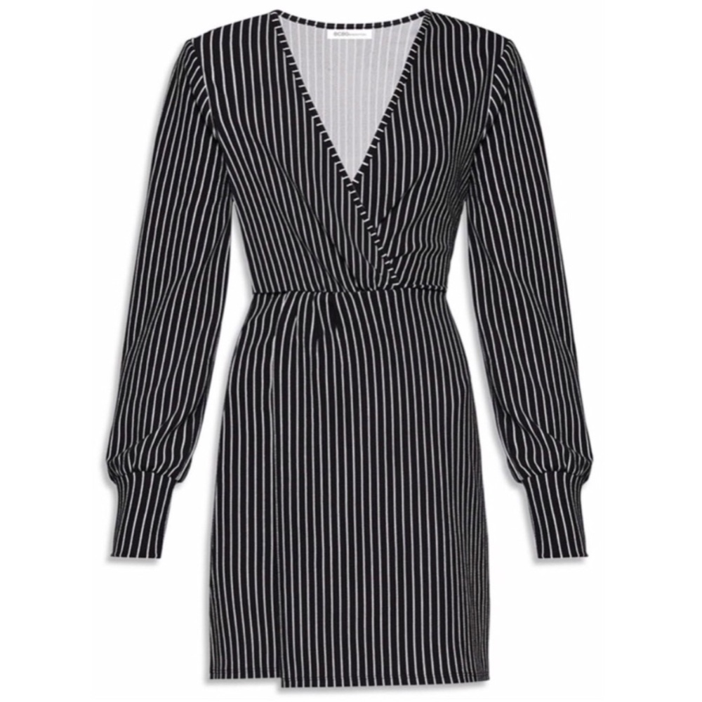 BCBGenerations Black Striped Faux-Wrap Dress